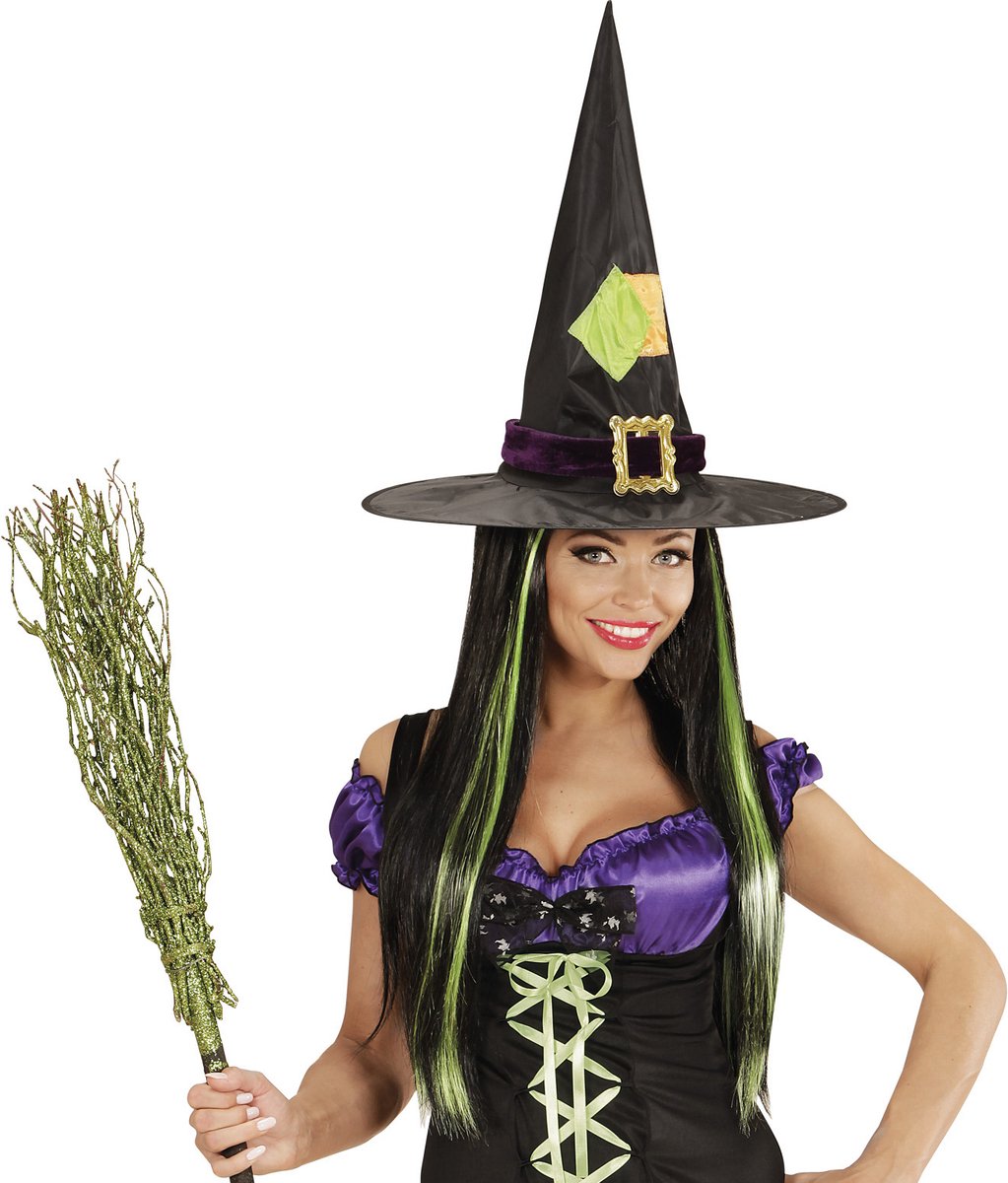 Fantasy Pruik, Zwart Met Groene Highlights | Halloween | Verkleedkleding